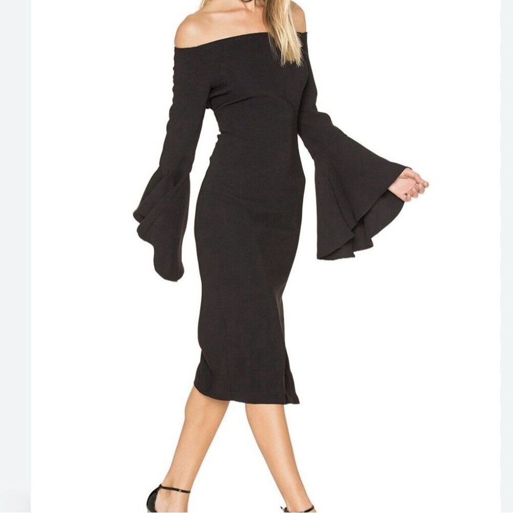 NWT Bardot Slit Dress Size 4 XS Solange Off-the-Shoulder Bell Sleeve Black Glam